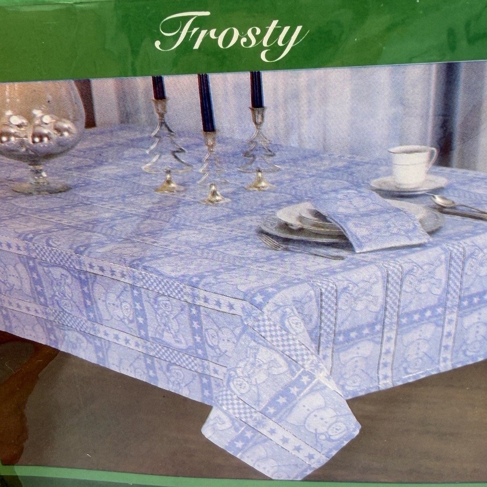 Windham Weavers Frosty VTG 60" Round Tablecloth Snowman Blue White Christmas